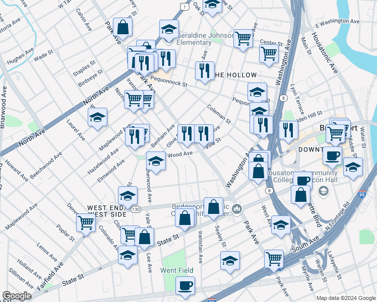 map of restaurants, bars, coffee shops, grocery stores, and more near 50 Wood Avenue in Bridgeport