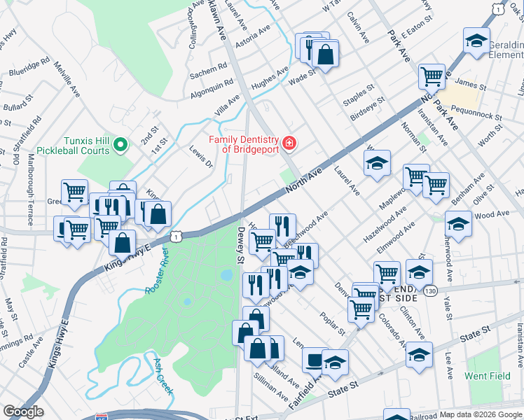 map of restaurants, bars, coffee shops, grocery stores, and more near 2403 North Avenue in Bridgeport