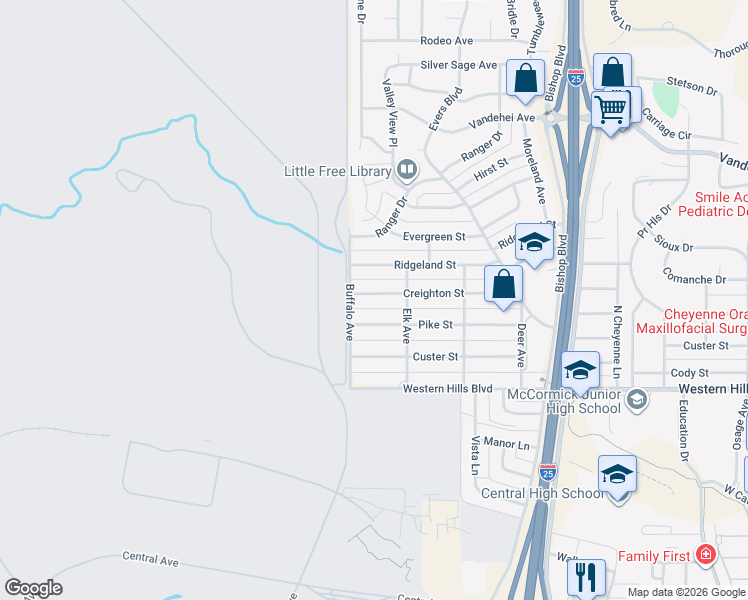 map of restaurants, bars, coffee shops, grocery stores, and more near 929 Creighton Street in Cheyenne