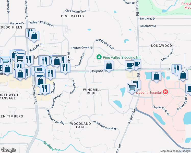 map of restaurants, bars, coffee shops, grocery stores, and more near 10316 Keen Place in Fort Wayne