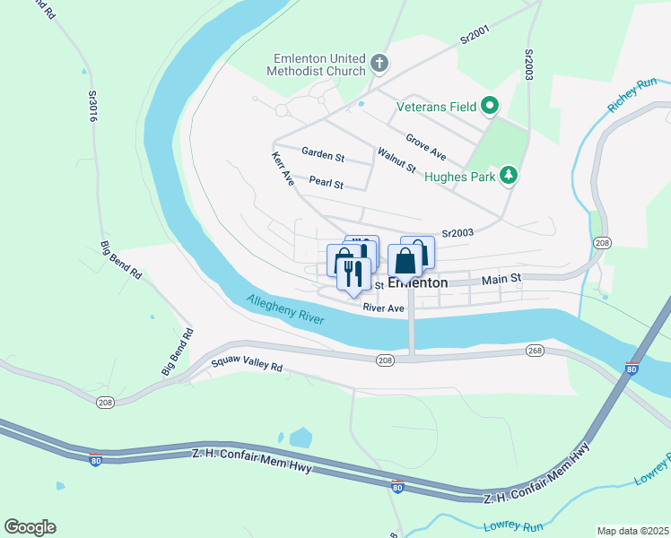 map of restaurants, bars, coffee shops, grocery stores, and more near 705 Hill St in Emlenton