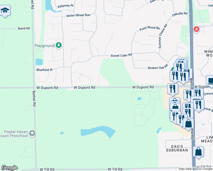 map of restaurants, bars, coffee shops, grocery stores, and more near 2630 West Dupont Road in Fort Wayne