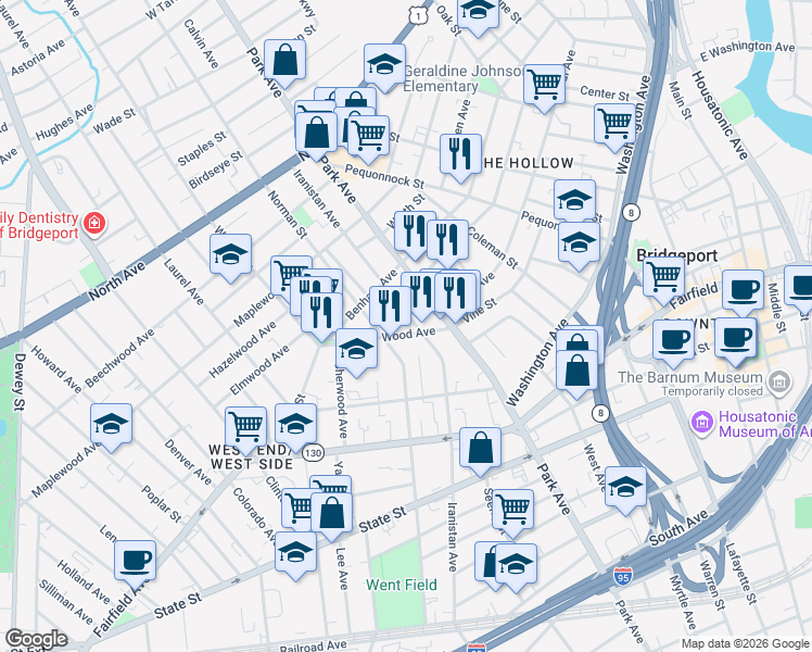 map of restaurants, bars, coffee shops, grocery stores, and more near 1291 Iranistan Avenue in Bridgeport