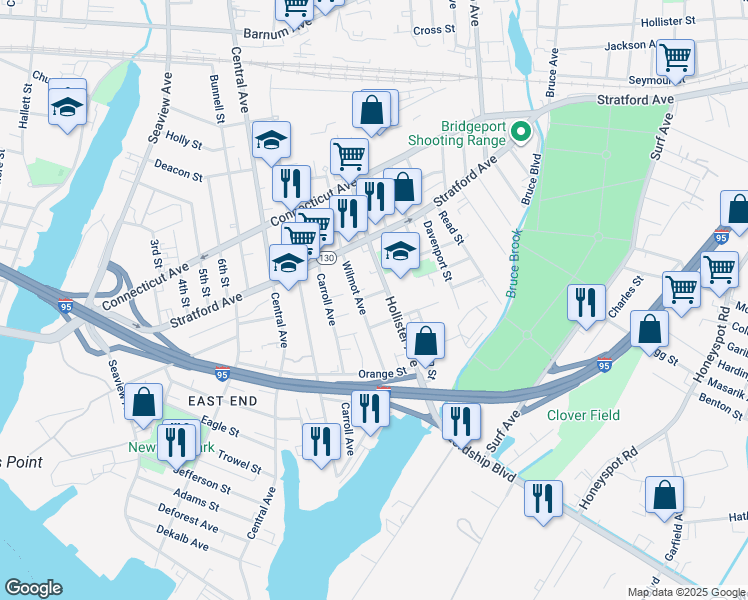 map of restaurants, bars, coffee shops, grocery stores, and more near 233-239 Hollister Avenue in Bridgeport
