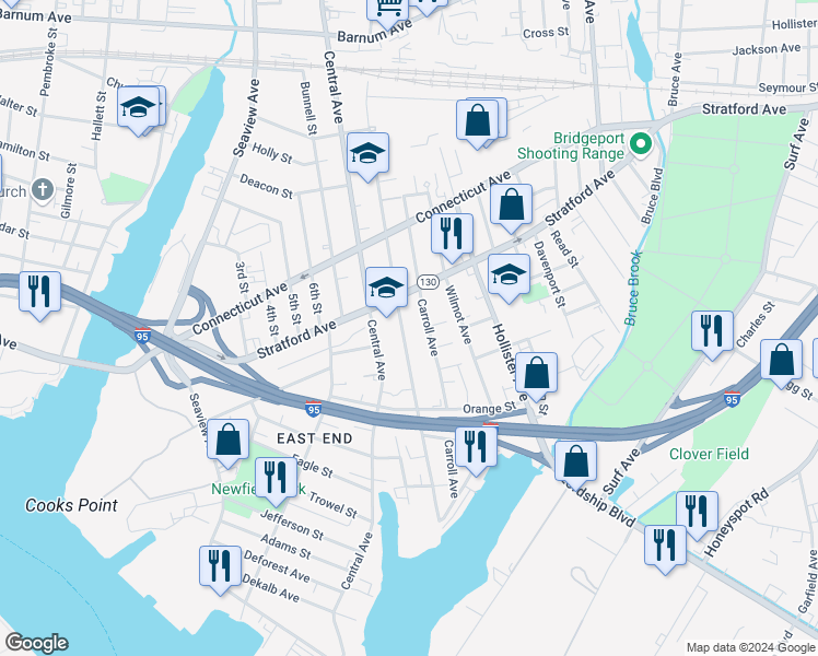 map of restaurants, bars, coffee shops, grocery stores, and more near 426 Union Avenue in Bridgeport