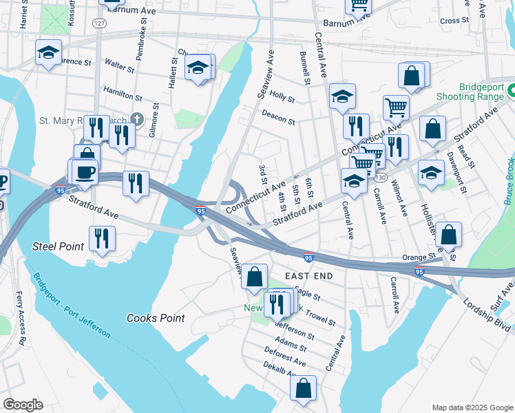 map of restaurants, bars, coffee shops, grocery stores, and more near 266 Connecticut Avenue in Bridgeport