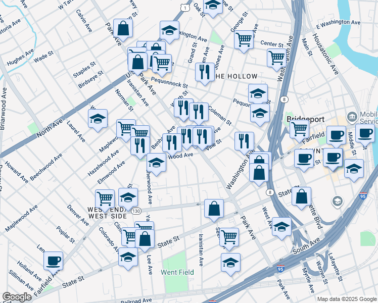 map of restaurants, bars, coffee shops, grocery stores, and more near 1269 Park Avenue in Bridgeport