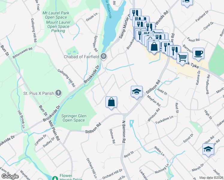 map of restaurants, bars, coffee shops, grocery stores, and more near 72 Ridgedale Road in Fairfield
