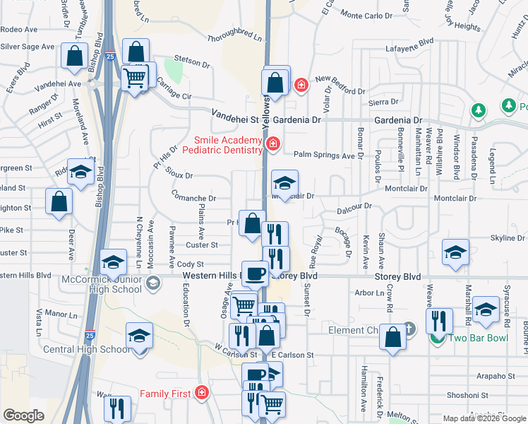 map of restaurants, bars, coffee shops, grocery stores, and more near 6330 Yellowstone Road in Cheyenne