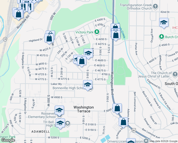 map of restaurants, bars, coffee shops, grocery stores, and more near 4688 South 200 East in Washington Terrace
