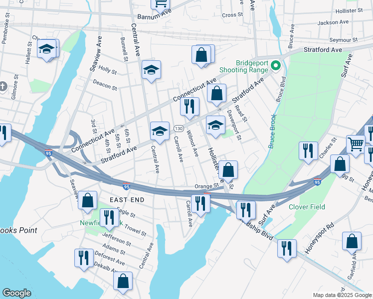 map of restaurants, bars, coffee shops, grocery stores, and more near 32 Wilmot Place in Bridgeport