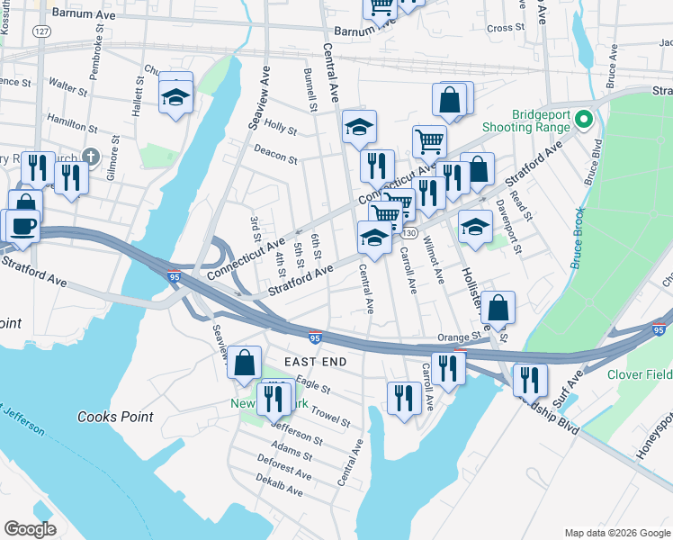 map of restaurants, bars, coffee shops, grocery stores, and more near 1180 Stratford Avenue in Bridgeport