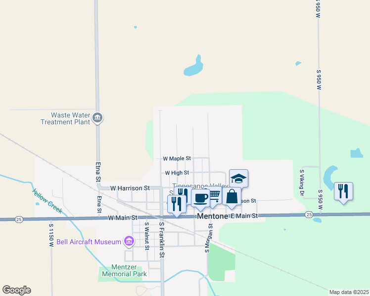 map of restaurants, bars, coffee shops, grocery stores, and more near 505 N Broadway St in Mentone
