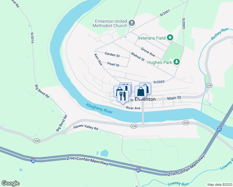 map of restaurants, bars, coffee shops, grocery stores, and more near 705 Hill Street in Emlenton