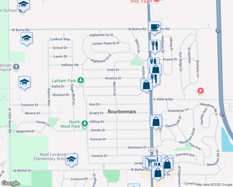 map of restaurants, bars, coffee shops, grocery stores, and more near 280 Karen Drive in Bourbonnais
