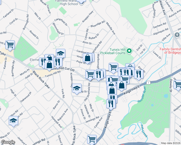 map of restaurants, bars, coffee shops, grocery stores, and more near 620 Tunxis Hill Road in Fairfield