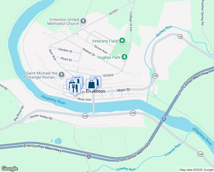 map of restaurants, bars, coffee shops, grocery stores, and more near 309 Hill St in Emlenton