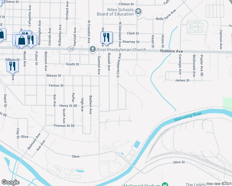 map of restaurants, bars, coffee shops, grocery stores, and more near 160 South Cleveland Avenue in Niles