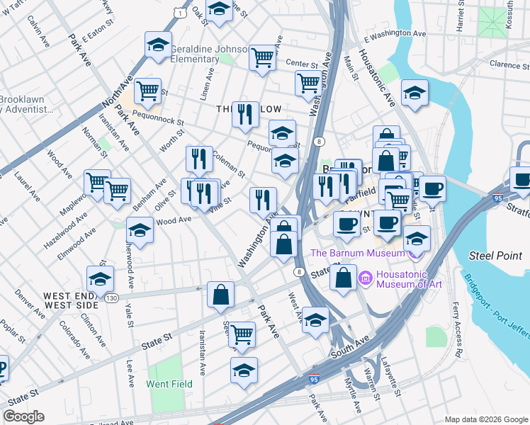 map of restaurants, bars, coffee shops, grocery stores, and more near in Bridgeport