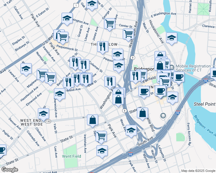 map of restaurants, bars, coffee shops, grocery stores, and more near 129 Washington Terrace in Bridgeport