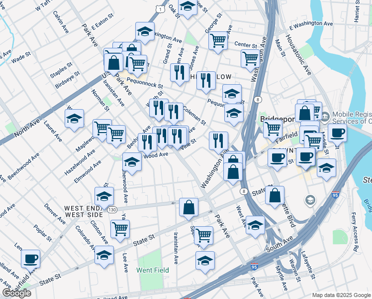 map of restaurants, bars, coffee shops, grocery stores, and more near 58 Vine Street in Bridgeport