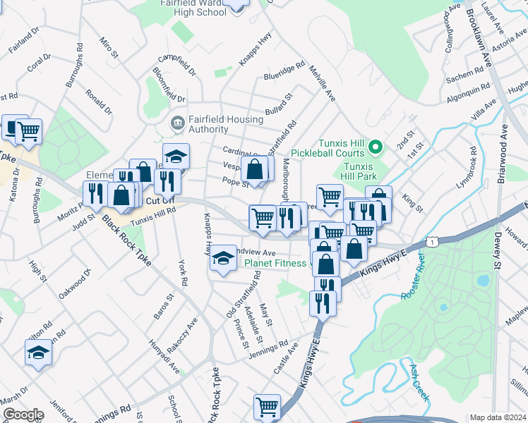 map of restaurants, bars, coffee shops, grocery stores, and more near 620 Tunxis Hill Road in Fairfield