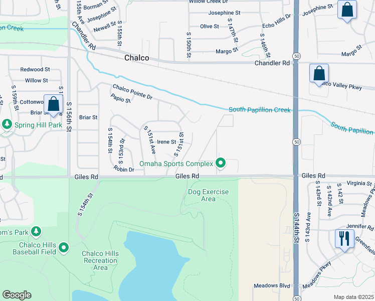 map of restaurants, bars, coffee shops, grocery stores, and more near 15030 Giles Road in Omaha