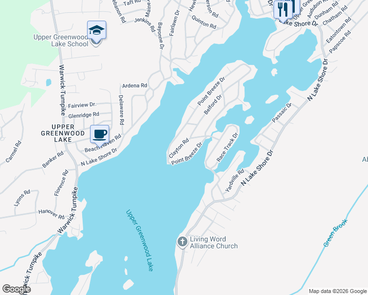 map of restaurants, bars, coffee shops, grocery stores, and more near 23 Clayton Road in West Milford