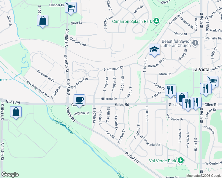 map of restaurants, bars, coffee shops, grocery stores, and more near 8212 South 105th Street in La Vista