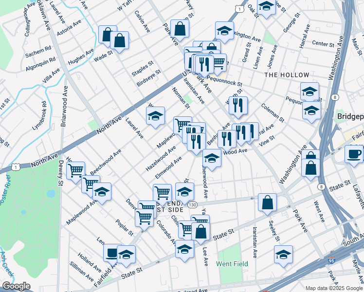 map of restaurants, bars, coffee shops, grocery stores, and more near 365 Wood Avenue in Bridgeport