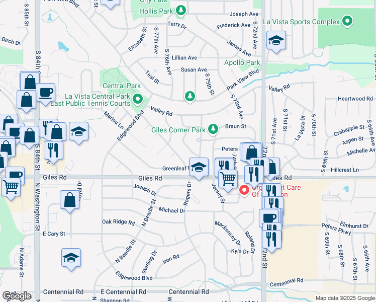 map of restaurants, bars, coffee shops, grocery stores, and more near 7718 Meadow Lane in La Vista
