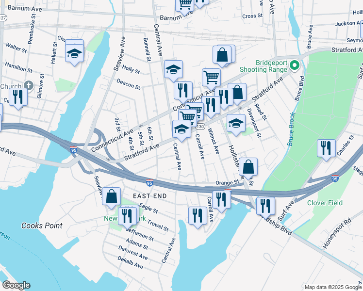map of restaurants, bars, coffee shops, grocery stores, and more near 790 Central Avenue in Bridgeport