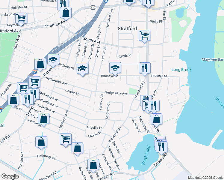 map of restaurants, bars, coffee shops, grocery stores, and more near 555 Sedgewick Avenue in Stratford