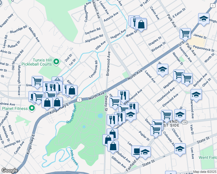 map of restaurants, bars, coffee shops, grocery stores, and more near 2496 North Avenue in Bridgeport