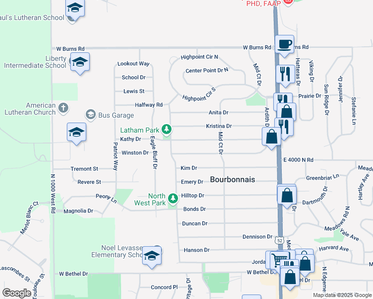 map of restaurants, bars, coffee shops, grocery stores, and more near 432 Karen Drive in Bourbonnais