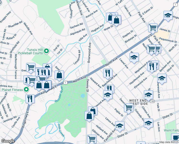 map of restaurants, bars, coffee shops, grocery stores, and more near 2496 North Avenue in Bridgeport