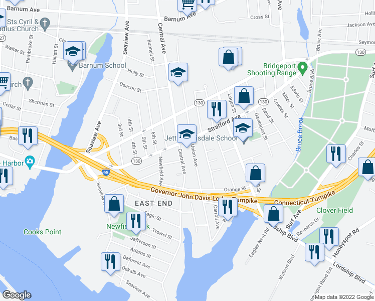 map of restaurants, bars, coffee shops, grocery stores, and more near 445 Union Avenue in Bridgeport