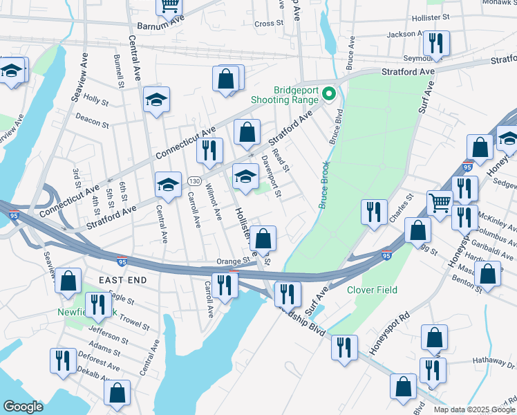 map of restaurants, bars, coffee shops, grocery stores, and more near 212 Logan Street in Bridgeport