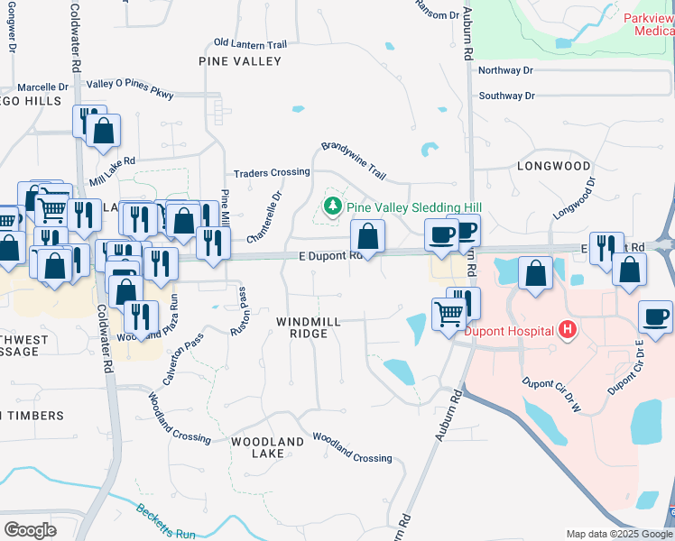 map of restaurants, bars, coffee shops, grocery stores, and more near 1716 East Dupont Road in Fort Wayne