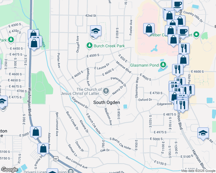 map of restaurants, bars, coffee shops, grocery stores, and more near 758 South 950 East in South Ogden