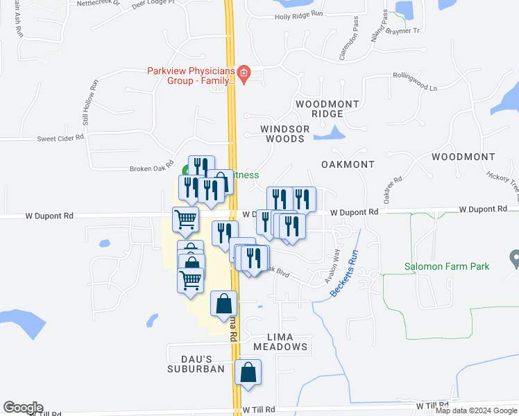 map of restaurants, bars, coffee shops, grocery stores, and more near 1602 West Dupont Road in Fort Wayne