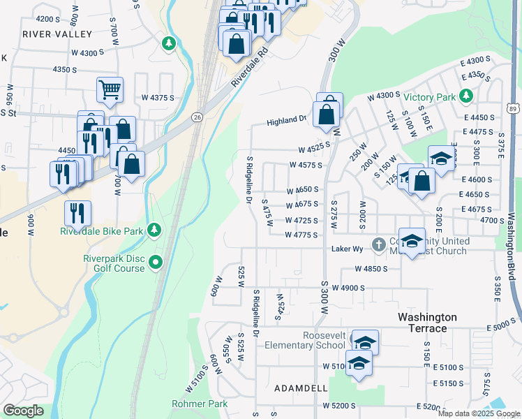 map of restaurants, bars, coffee shops, grocery stores, and more near 4685 South 475 West in Washington Terrace