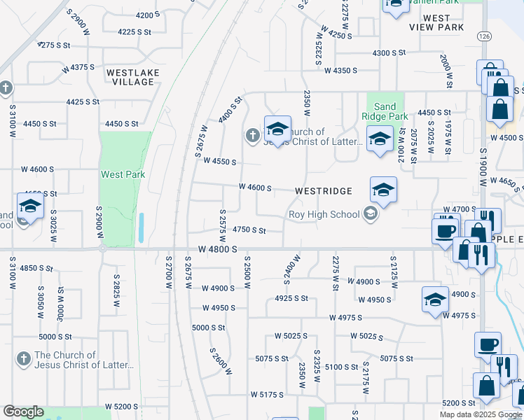 map of restaurants, bars, coffee shops, grocery stores, and more near 2464 4700 South Street in Roy