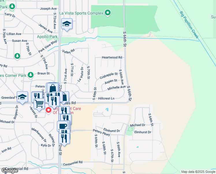 map of restaurants, bars, coffee shops, grocery stores, and more near 6726 Michelle Avenue in La Vista