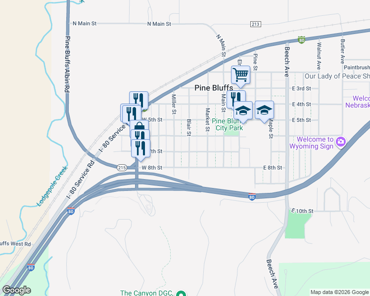 map of restaurants, bars, coffee shops, grocery stores, and more near 616 Blair Street in Pine Bluffs