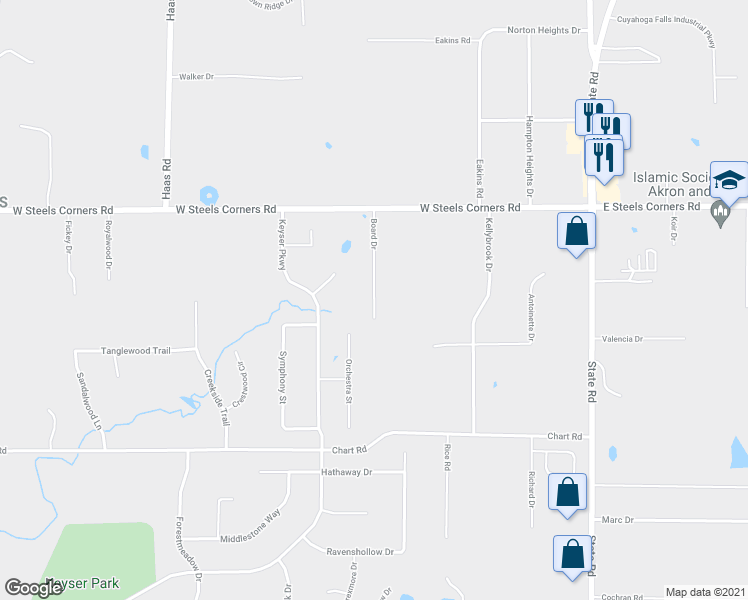 map of restaurants, bars, coffee shops, grocery stores, and more near 3301 Board Drive in Cuyahoga Falls