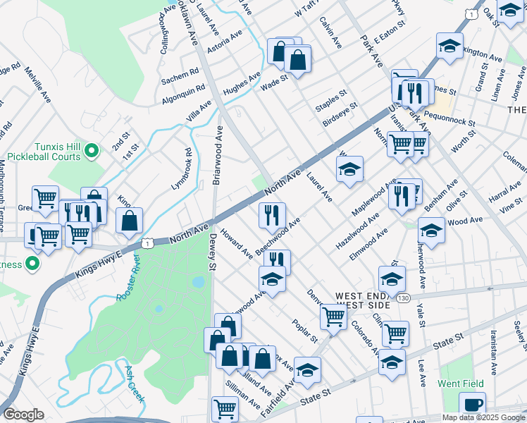 map of restaurants, bars, coffee shops, grocery stores, and more near 830 Colorado Avenue in Bridgeport