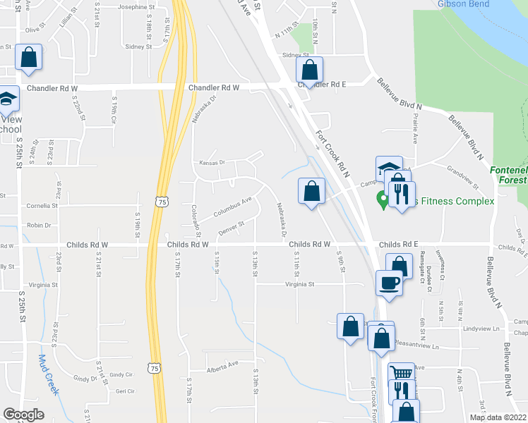 map of restaurants, bars, coffee shops, grocery stores, and more near 1105 Denver Street in Bellevue
