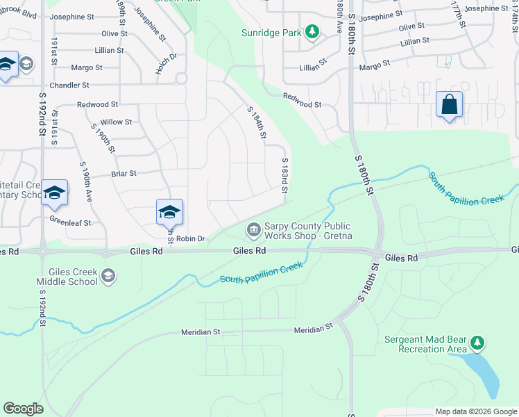 map of restaurants, bars, coffee shops, grocery stores, and more near 18450 Greenleaf Street in Omaha