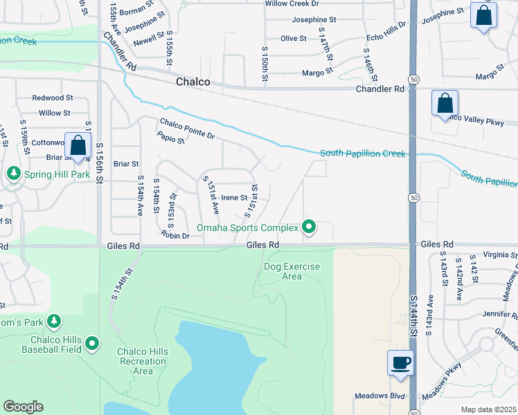 map of restaurants, bars, coffee shops, grocery stores, and more near 15030 Giles Road in Omaha